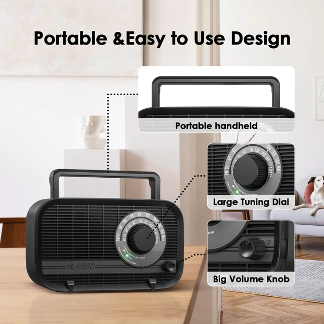 Alt view image 5 of 7 - AM FM Portable Radio Plug in Wall or Battery Operated Radio with Best Reception,Bluetooth,Headphone Jack,Large Dial Easy to Use for Seniors Elderly Black