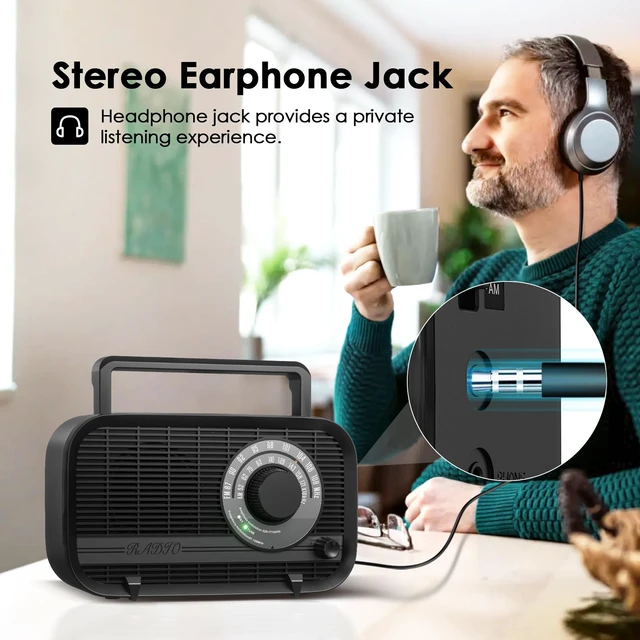 Alt view image 7 of 7 - AM FM Portable Radio Plug in Wall or Battery Operated Radio with Best Reception,Bluetooth,Headphone Jack,Large Dial Easy to Use for Seniors Elderly Black
