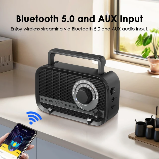 Alt view image 3 of 7 - AM FM Portable Radio Plug in Wall or Battery Operated Radio with Best Reception,Bluetooth,Headphone Jack,Large Dial Easy to Use for Seniors Elderly Black