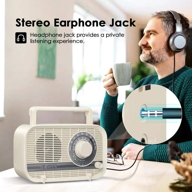 Alt view image 5 of 7 - Portable AM FM Radio Plug in Wall or Battery Operated Radio with Best Reception, Bluetooth,Headphone Jack,Large Dial Easy to Use for Seniors Elderly Cream