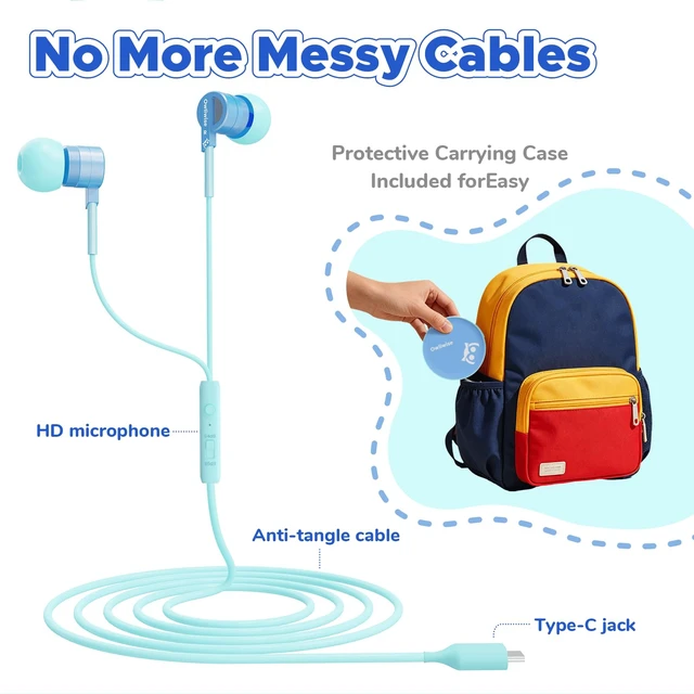 Alt view image 4 of 7 - USB C Kids Wired Earbuds with Case, mic, 85/94dB Volume Limited tangle-free cord, volume control, for School, Chromebook, laptop, iphone, girls, boys, Wired earbuds for kids, Spark Series