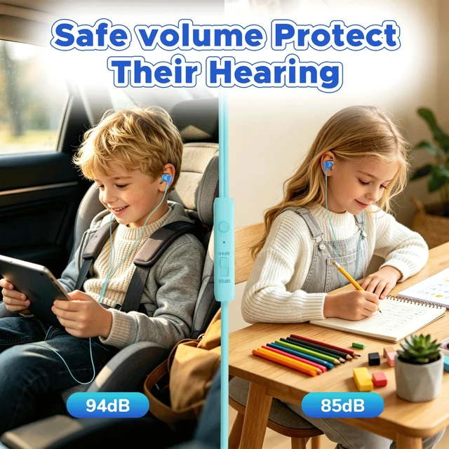 Alt view image 2 of 7 - USB C Kids Wired Earbuds with Case, mic, 85/94dB Volume Limited tangle-free cord, volume control, for School, Chromebook, laptop, iphone, girls, boys, Wired earbuds for kids, Spark Series