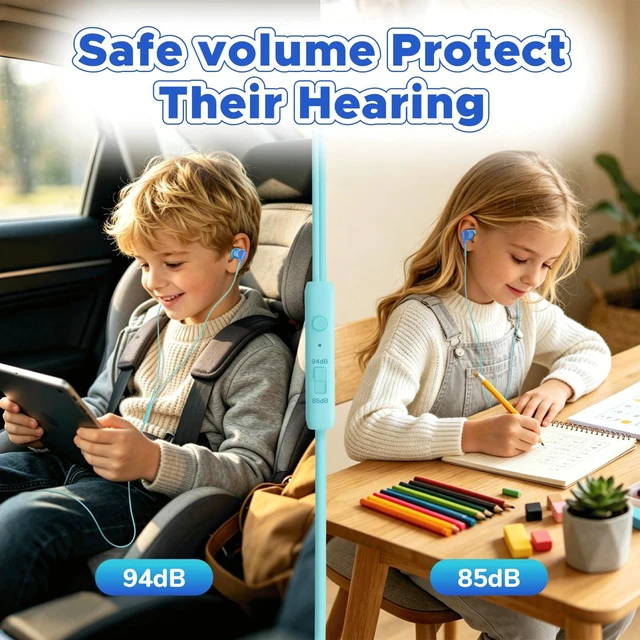 Alt view image 2 of 7 - Kids Wired Earbuds with Case with mic, 85/94dB Volume Limited tangle-free cord, volume control, for School, Chromebook, laptop, iphone, girls, boys, Wired earbuds for kids, Spark Series