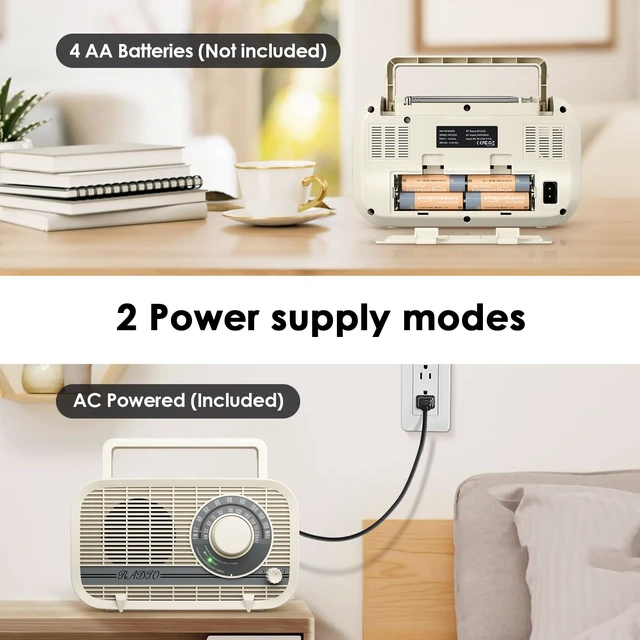 Alt view image 6 of 7 - Portable AM FM Radio Plug in Wall or Battery Operated Radio with Best Reception, Bluetooth,Headphone Jack,Large Dial Easy to Use for Seniors Elderly Cream