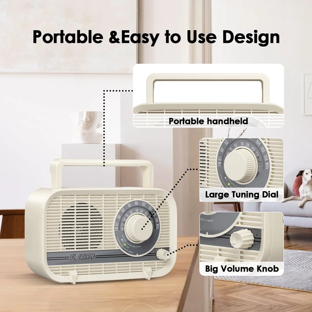 Alt view image 7 of 7 - Portable AM FM Radio Plug in Wall or Battery Operated Radio with Best Reception, Bluetooth,Headphone Jack,Large Dial Easy to Use for Seniors Elderly Cream