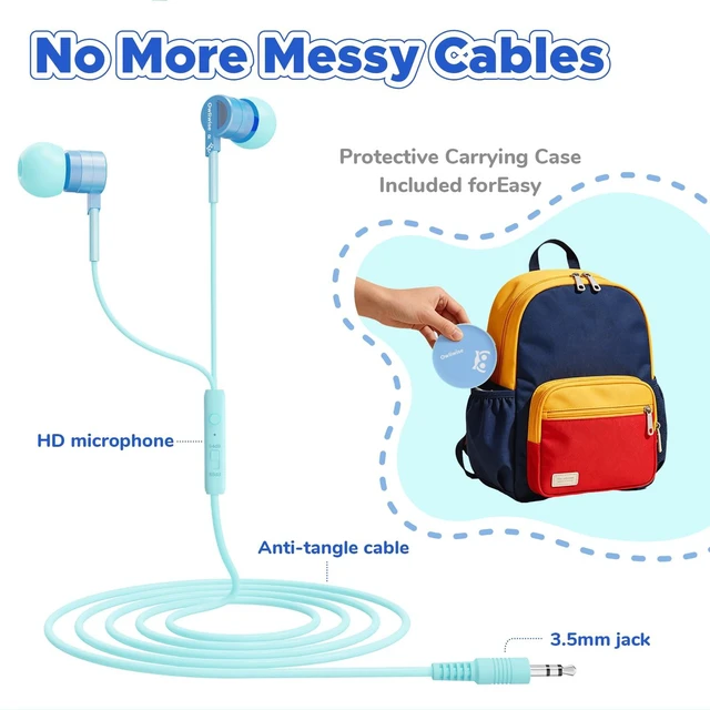 Alt view image 4 of 7 - Kids Wired Earbuds with Case with mic, 85/94dB Volume Limited tangle-free cord, volume control, for School, Chromebook, laptop, iphone, girls, boys, Wired earbuds for kids, Spark Series