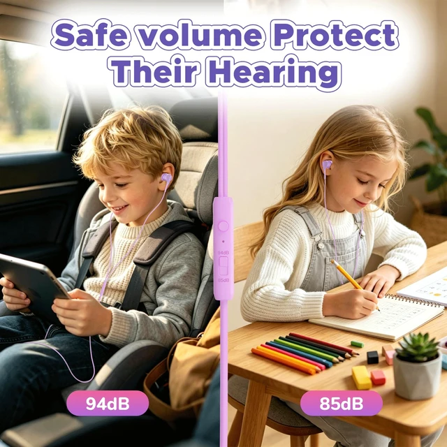 Alt view image 2 of 7 - USB C Kids Wired Earbuds with Case, mic, 85/94dB Volume Limited tangle-free cord, volume control, for School, Chromebook, laptop, iphone, girls, boys, Wired earbuds for kids, Spark Series