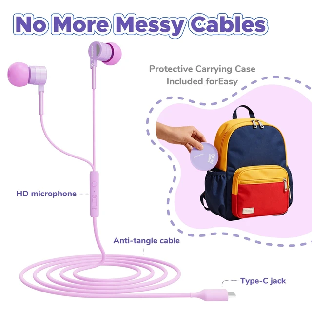 Alt view image 4 of 7 - USB C Kids Wired Earbuds with Case, mic, 85/94dB Volume Limited tangle-free cord, volume control, for School, Chromebook, laptop, iphone, girls, boys, Wired earbuds for kids, Spark Series