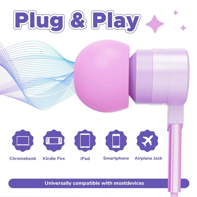 Alt view image 6 of 7 - USB C Kids Wired Earbuds with Case, mic, 85/94dB Volume Limited tangle-free cord, volume control, for School, Chromebook, laptop, iphone, girls, boys, Wired earbuds for kids, Spark Series