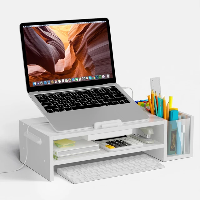 Main image of Adjustable Wood Laptop Stand, Ergonomic Height & Angle Computer Riser with Pen Holder Compatible with MacBook Air/Pro, Dell, HP, Lenovo & 10-17.3" Notebooks White