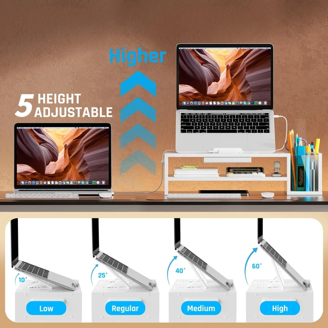 Alt view image 2 of 7 - Adjustable Wood Laptop Stand, Ergonomic Height & Angle Computer Riser with Pen Holder Compatible with MacBook Air/Pro, Dell, HP, Lenovo & 10-17.3" Notebooks White