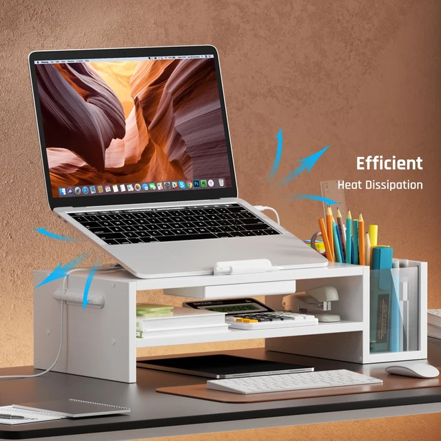 Alt view image 3 of 7 - Adjustable Wood Laptop Stand, Ergonomic Height & Angle Computer Riser with Pen Holder Compatible with MacBook Air/Pro, Dell, HP, Lenovo & 10-17.3" Notebooks White