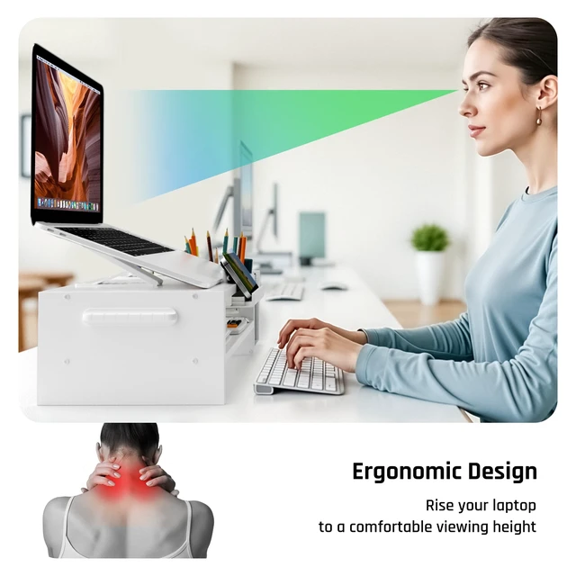 Alt view image 5 of 7 - Adjustable Wood Laptop Stand, Ergonomic Height & Angle Computer Riser with Pen Holder Compatible with MacBook Air/Pro, Dell, HP, Lenovo & 10-17.3" Notebooks White