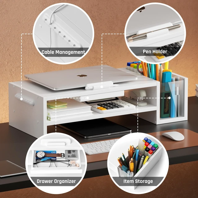 Alt view image 4 of 7 - Adjustable Wood Laptop Stand, Ergonomic Height & Angle Computer Riser with Pen Holder Compatible with MacBook Air/Pro, Dell, HP, Lenovo & 10-17.3" Notebooks White