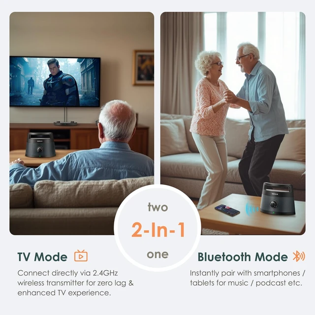 Alt view image 6 of 7 - Wireless TV Speakers for Seniors, Portable Bluetooth Speaker, 621D TV Voice Boost for Hard of Hearing, 3 EQ Mode, 164ft Range, Bluetooth Connect for Smart Phone,PC,Laptop, Wired Connection