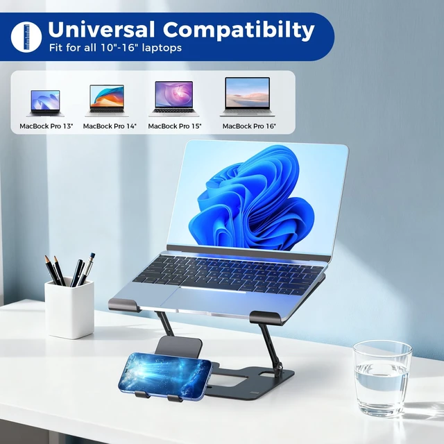 Alt view image 7 of 7 - Ergonomic 2-in-1 Laptop Phone Stand for Desk, Adjustable Riser, Sturdy and Portable, Fits All Laptops and PhoneBlack