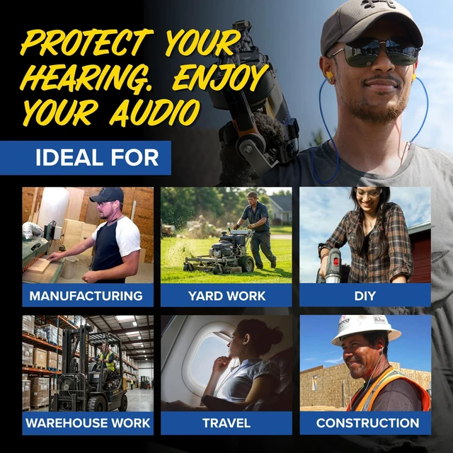 Alt view image 3 of 7 - Basic Wired Earplug Headphones for Work, OSHA PPE Earbuds, USB-C 25dB NRR Hearing Protection Ear Plugs, Safety Headphones for Work, Construction, Warehouse, Helmet Earbuds, Racing, Yellow
