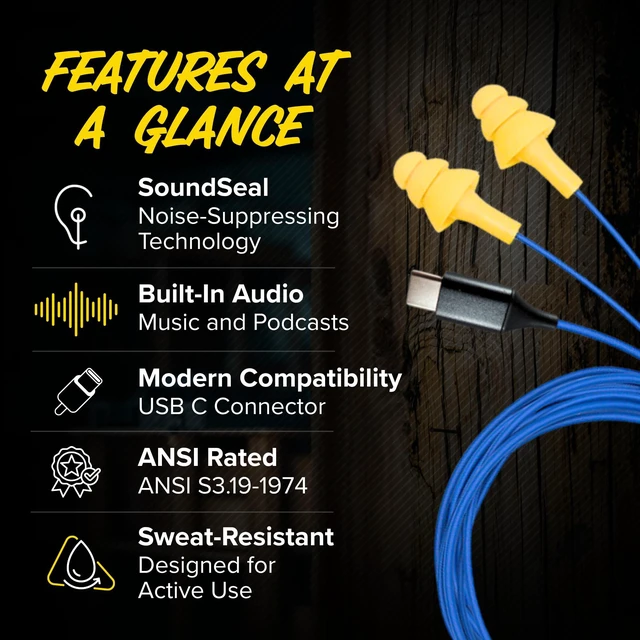 Alt view image 4 of 7 - Basic Wired Earplug Headphones for Work, OSHA PPE Earbuds, USB-C 25dB NRR Hearing Protection Ear Plugs, Safety Headphones for Work, Construction, Warehouse, Helmet Earbuds, Racing, Yellow