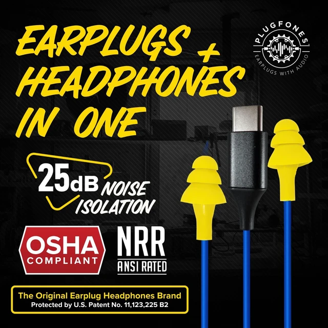 Alt view image 2 of 7 - Basic Wired Earplug Headphones for Work, OSHA PPE Earbuds, USB-C 25dB NRR Hearing Protection Ear Plugs, Safety Headphones for Work, Construction, Warehouse, Helmet Earbuds, Racing, Yellow