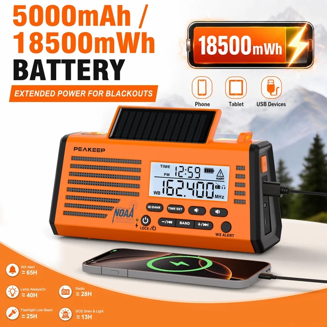 Alt view image 7 of 7 - Emergency Radio NOAA Weather Alert Battery Solar Crank Powered AM FM SW Portable Radio, Rechargeable Battery 18500mWh, SOS Flashlight Lamp for Home Car Camping Storms Blackouts Prep