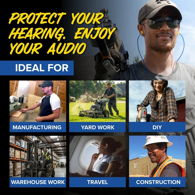 Alt view image 3 of 7 - Basic Wired Earplug Headphones for Work, OSHA PPE Earbuds, 3.5mm 25dB NRR Hearing Protection Ear Plugs, Safety Headphones for Work, Construction, Warehouse, Helmet Earbuds, Racing, Yellow