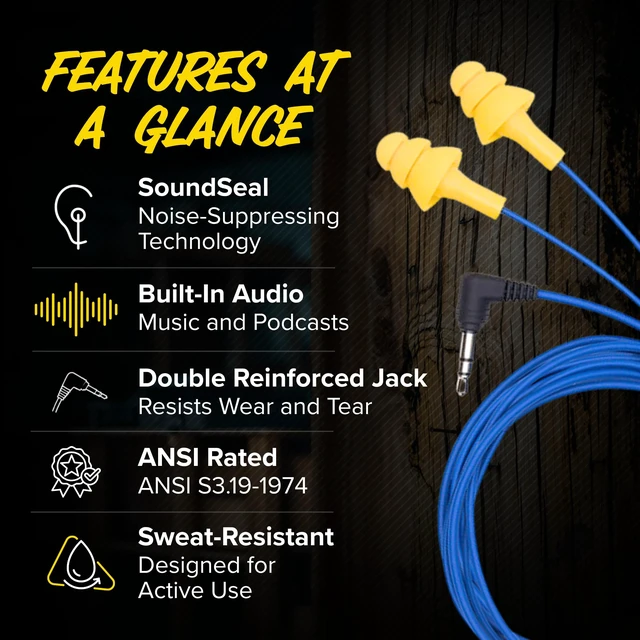 Alt view image 4 of 7 - Basic Wired Earplug Headphones for Work, OSHA PPE Earbuds, 3.5mm 25dB NRR Hearing Protection Ear Plugs, Safety Headphones for Work, Construction, Warehouse, Helmet Earbuds, Racing, Yellow