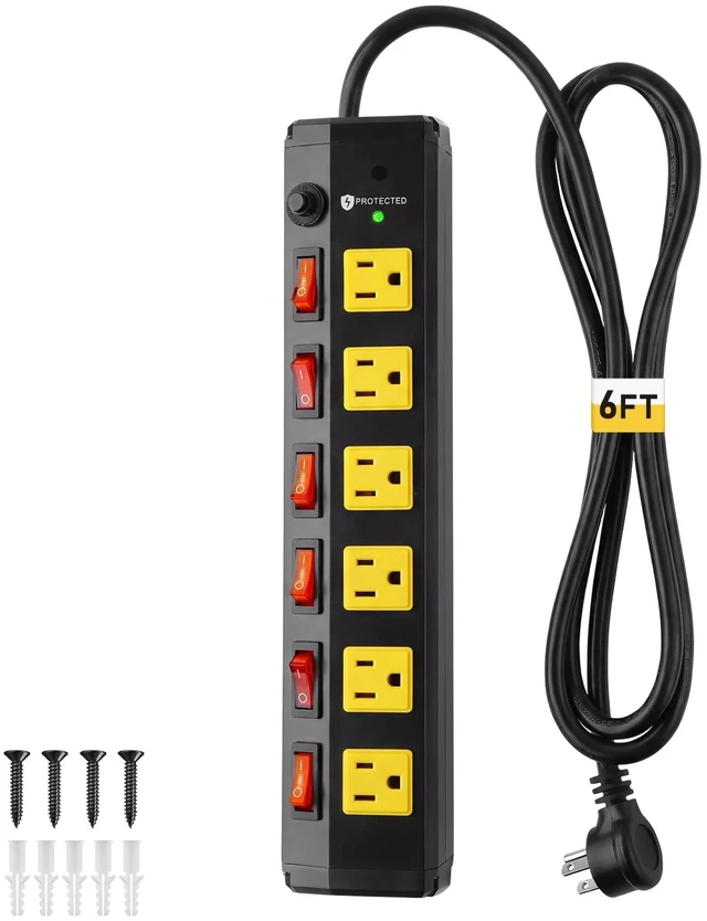 Main image of Heavy Duty Surge Protector,6 Outlets Individual Switches,6FT/15A Surge Protector with 1200J,Flat Plug Design,Wall Mountable Metal Power Strip for Appliance,Workshop,Garage-14AWG/1875W