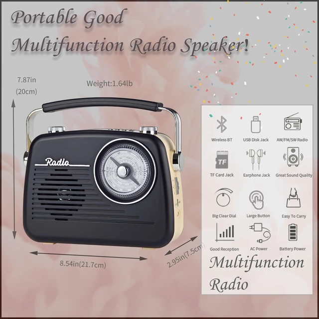 Alt view image 2 of 7 - Portable Radio AM FM Shortwave Vintage Radio Retro Great Reception Receiver Bluetooth Speaker Plug in Wall Support USB Drive/MicroSD Card, Good Sound for Family for Home Outdoors Kitchen D-216 (Black)