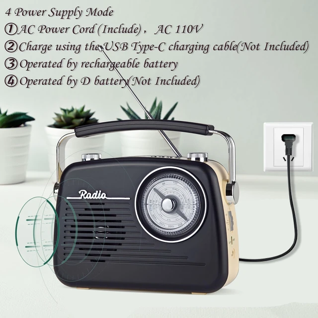 Alt view image 3 of 7 - Portable Radio AM FM Shortwave Vintage Radio Retro Great Reception Receiver Bluetooth Speaker Plug in Wall Support USB Drive/MicroSD Card, Good Sound for Family for Home Outdoors Kitchen D-216 (Black)