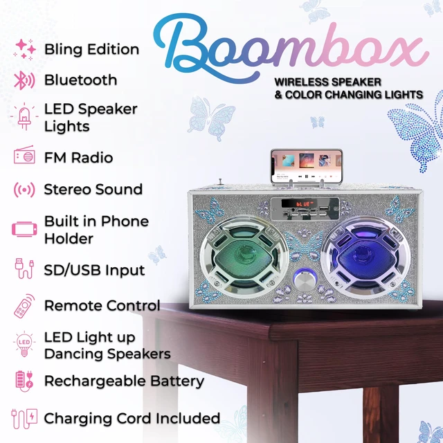 Alt view image 2 of 3 - Retro Boombox Bluetooth Speaker, Music Player w/FM Radio & LED Lights Retro Speaker with LED Lights, Rechargeable Portable Bluetooth Speaker with USB & SD, AUX & Remote Control