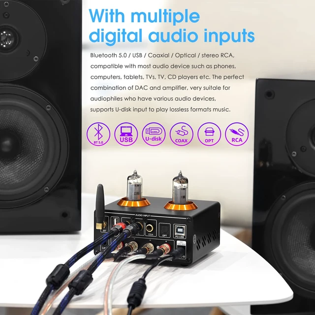 Alt view image 5 of 7 - ST-01 PRO 200W Bluetooth Amplifier, 2 Channel Vacuum Tube Power Amp with USB DAC/Coaxial Optical Inputs/VU Meter/Treble Bass Control for Home Theater/Stereo Speakers (Upgrade Version)