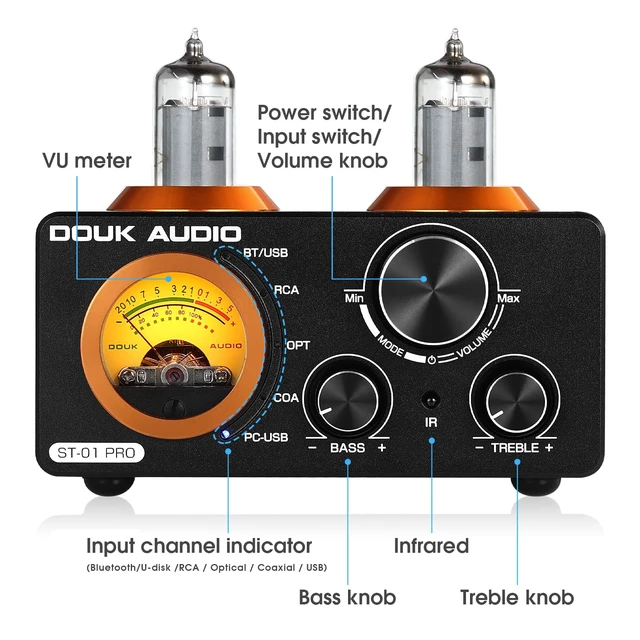 Alt view image 7 of 7 - ST-01 PRO 200W Bluetooth Amplifier, 2 Channel Vacuum Tube Power Amp with USB DAC/Coaxial Optical Inputs/VU Meter/Treble Bass Control for Home Theater/Stereo Speakers (Upgrade Version)