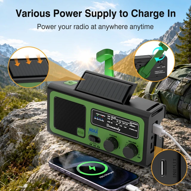 Alt view image 5 of 7 - NOAA Emergency Radio Weather Alert with Hand Crank Solar Radios Portable AM FM, 18500mWh Rechargeable Battery for Input/Output, SOS Alarm, Flashlight & Lamp, for Home Outdoor Camping