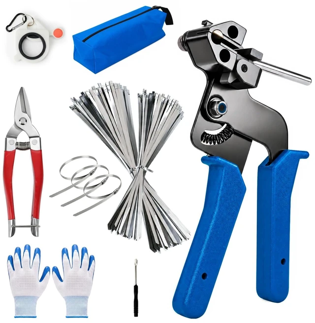 Main image of Metal Zip Ties Gun Set, 200Pcs Stainless Steel Cable Ties, Blue Heavy Duty Stainless Steel Cable Tie Gun Kit with 8 inch & 12 Inch Zip Ties for Chain Link Fence, Chicken Coop, Exhaust Pipes