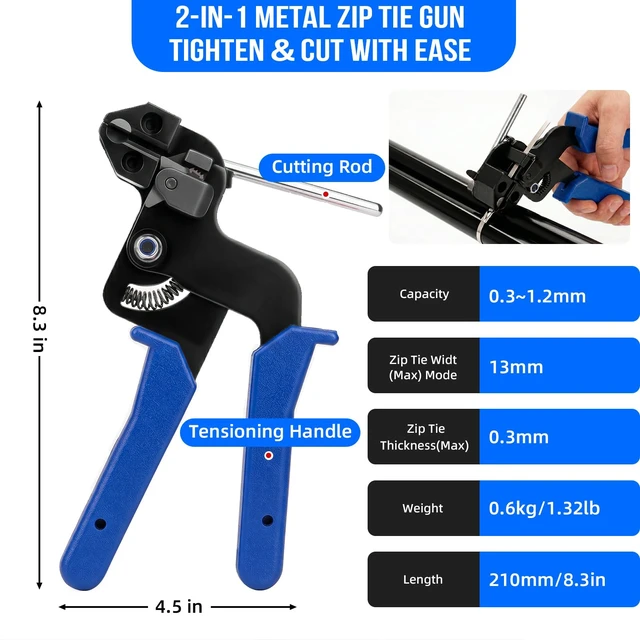 Alt view image 2 of 7 - Metal Zip Ties Gun Set, 200Pcs Stainless Steel Cable Ties, Blue Heavy Duty Stainless Steel Cable Tie Gun Kit with 8 inch & 12 Inch Zip Ties for Chain Link Fence, Chicken Coop, Exhaust Pipes