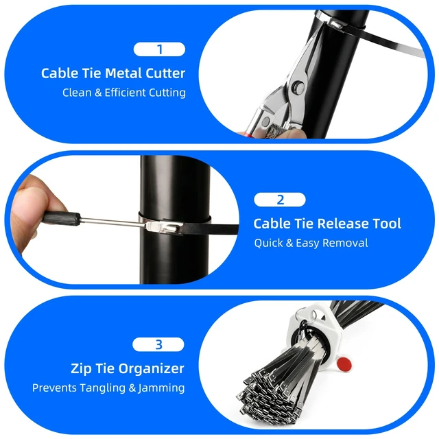 Alt view image 6 of 7 - Metal Zip Ties Gun Set, 200Pcs Stainless Steel Cable Ties, Blue Heavy Duty Stainless Steel Cable Tie Gun Kit with 8 inch & 12 Inch Zip Ties for Chain Link Fence, Chicken Coop, Exhaust Pipes