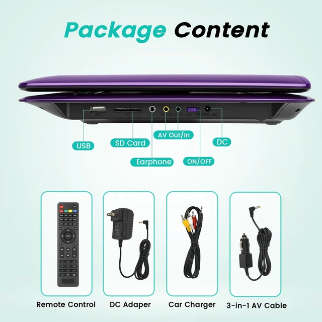 Alt view image 7 of 7 - 17.5" Portable DVD Player for Kids,15.6" Large HD Screen,5 Hours Rechargeable Battery,Support USB/SD Card/Sync TV and Multiple Disc Formats,High Speaker (Purple)