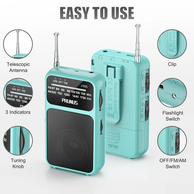 Alt view image 4 of 6 - J-555 Pocket Radio AM FM USB-C Charging& Battery Operated, Back Clip Excellent Reception & Clear Speaker and Headphone Jack, Flashlight, Transistor Radios, Portable Radios AM FM, Mini Radio