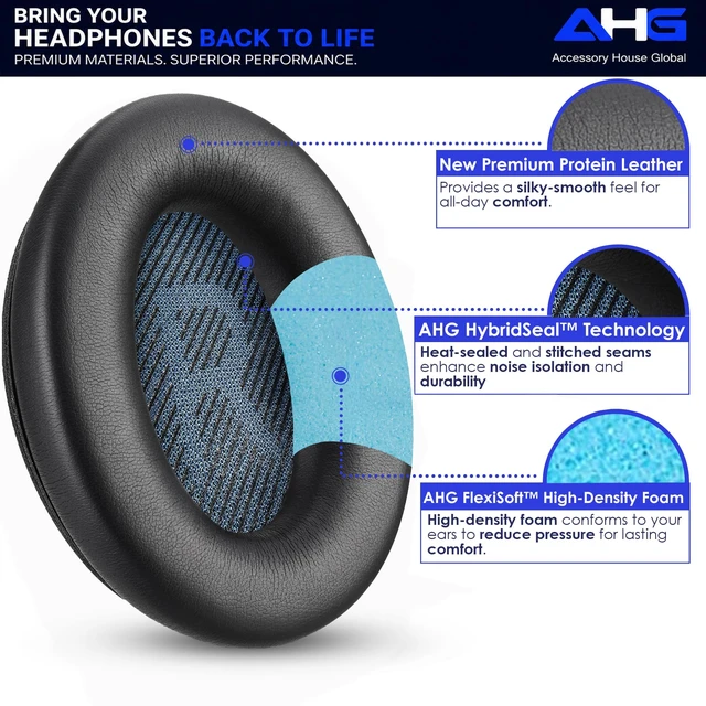 Alt view image 4 of 7 - AE2 ae 2 Ear Pads Compatible with Bose SoundLink ae2 Headphones - Black Easy DIY Fit Premium Protein Leather Extra Thick Soft High-Density Foam