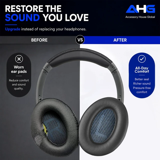 Alt view image 5 of 7 - AE2 ae 2 Ear Pads Compatible with Bose SoundLink ae2 Headphones - Black Easy DIY Fit Premium Protein Leather Extra Thick Soft High-Density Foam