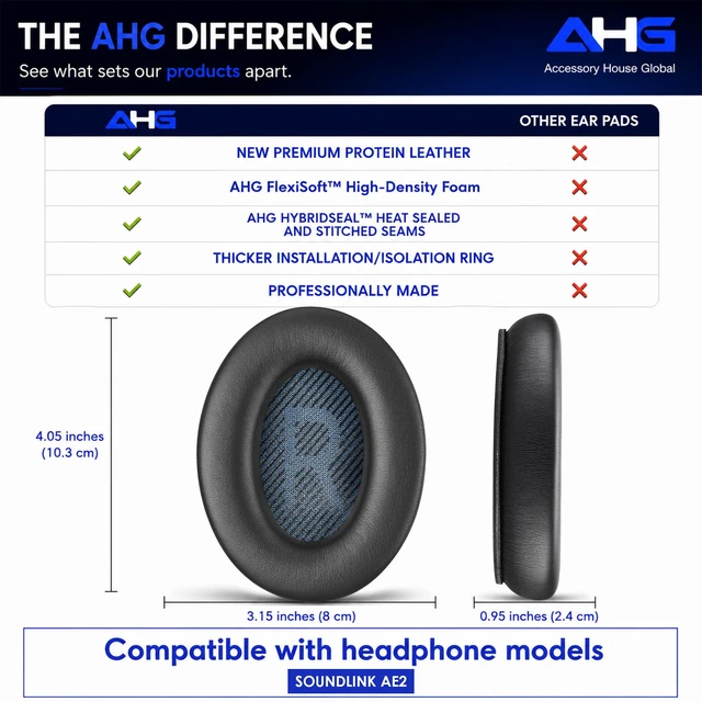Alt view image 7 of 7 - AE2 ae 2 Ear Pads Compatible with Bose SoundLink ae2 Headphones - Black Easy DIY Fit Premium Protein Leather Extra Thick Soft High-Density Foam