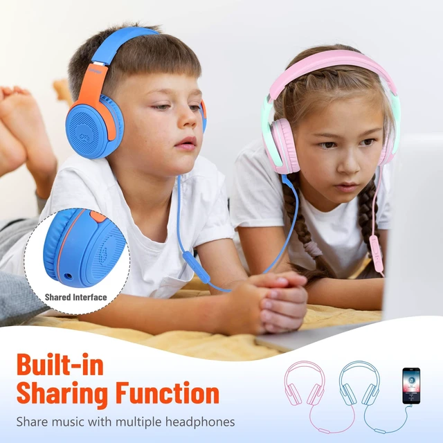 Alt view image 3 of 7 - 3.5mm Kids Headphones Wired with Mic & Share Port, 85/94dB Limited Student Childs Boys Girls Corded Head phones Foldable for Chromebooks Laptop Phones MP3 Blue/Orange