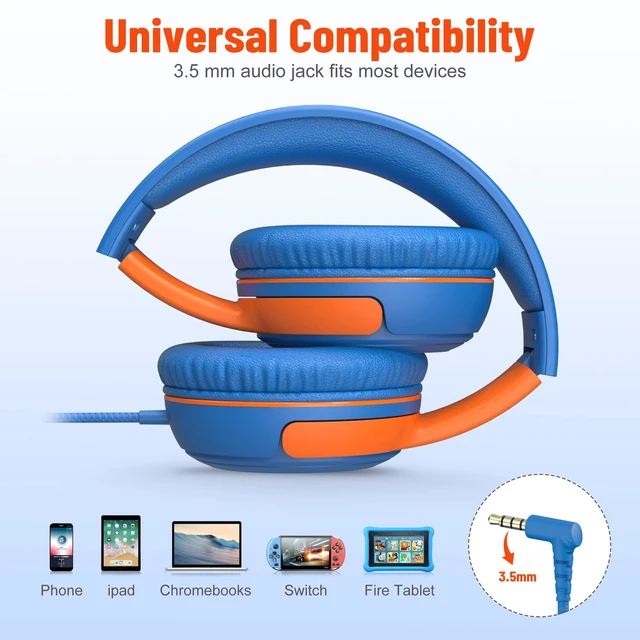 Alt view image 5 of 7 - 3.5mm Kids Headphones Wired with Mic & Share Port, 85/94dB Limited Student Childs Boys Girls Corded Head phones Foldable for Chromebooks Laptop Phones MP3 Blue/Orange