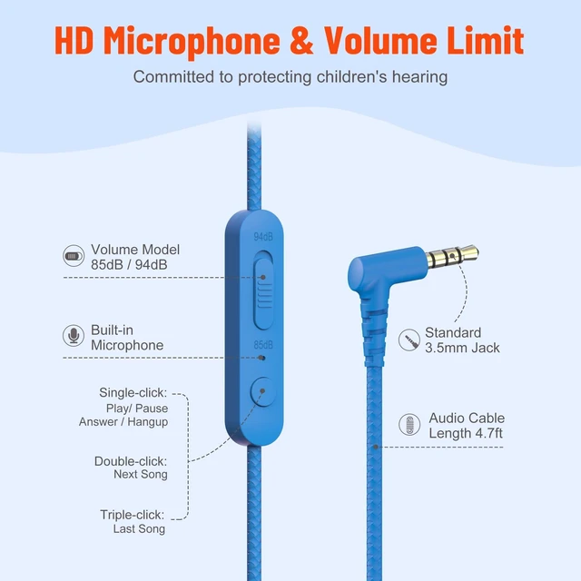 Alt view image 4 of 7 - 3.5mm Kids Headphones Wired with Mic & Share Port, 85/94dB Limited Student Childs Boys Girls Corded Head phones Foldable for Chromebooks Laptop Phones MP3 Blue/Orange