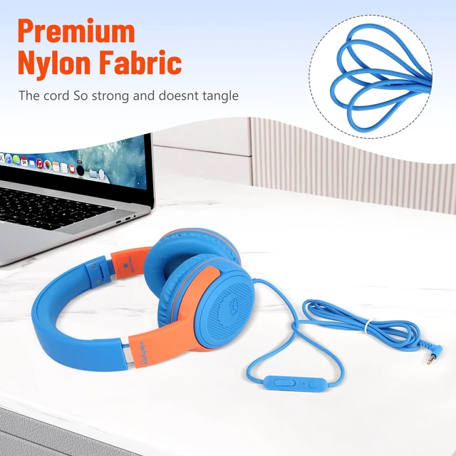Alt view image 7 of 7 - 3.5mm Kids Headphones Wired with Mic & Share Port, 85/94dB Limited Student Childs Boys Girls Corded Head phones Foldable for Chromebooks Laptop Phones MP3 Blue/Orange