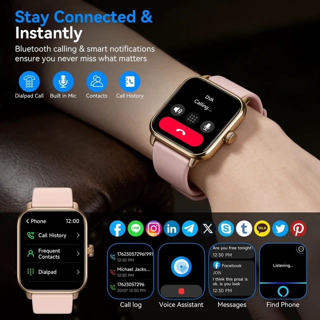 Alt view image 2 of 7 - Smart Watches for Men Women with Alexa Built-in, Bluetooth Call, 1.85" HD Touchscreen, 120+ Sport Modes, IP68 Waterproof, 7-Day Battery, 24/7 Heart Rate & Sleep Monitor for Android iPhone (Pink)
