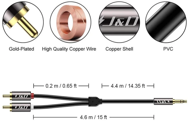 Alt view image 2 of 7 - 3.5mm to RCA Cable, Gold-Plated 3.5mm Male to 2RCA Male Stereo Audio Adapter, Heavy Duty Shielded Aux Cable for Home Theater, Speakers, Turntable, TV, Soundbar, 15 Feet