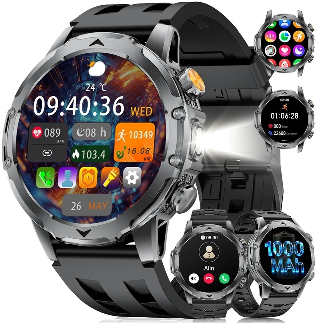 Main image of Military Smart Watch with Answer/Make Call 3 Silicone Strap, 1.53 HD Smart Watches for Men with 1000 mAh Battery/LED Torch/20+Sports/Waterproof IP68, Fitness Tracker iOS Android(Black)