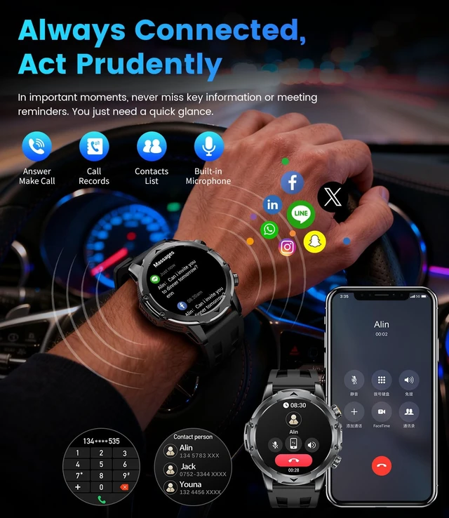 Alt view image 5 of 7 - Military Smart Watch with Answer/Make Call 3 Silicone Strap, 1.53 HD Smart Watches for Men with 1000 mAh Battery/LED Torch/20+Sports/Waterproof IP68, Fitness Tracker iOS Android(Black)