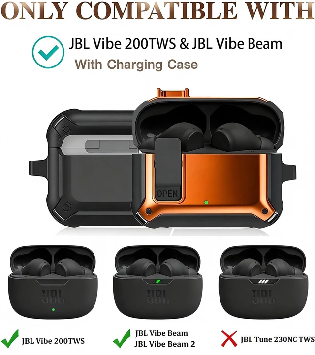 Alt view image 5 of 7 - Compatible with JBL Vibe Beam/Beam 2 Case Cover Lock Clip with Cleaner Kit,Cool Protective JBL Vibe 200TWS Cover Men Women with Carabiner for JBL Vibe Beam 2 Charging Case - Orange